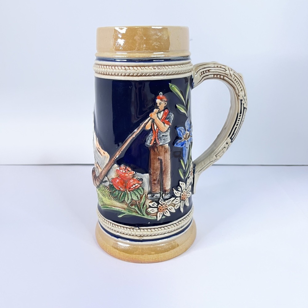 Vintage W Germany Mountain Horn Player Hand Painted Beer Mug 5x7" Glazed
